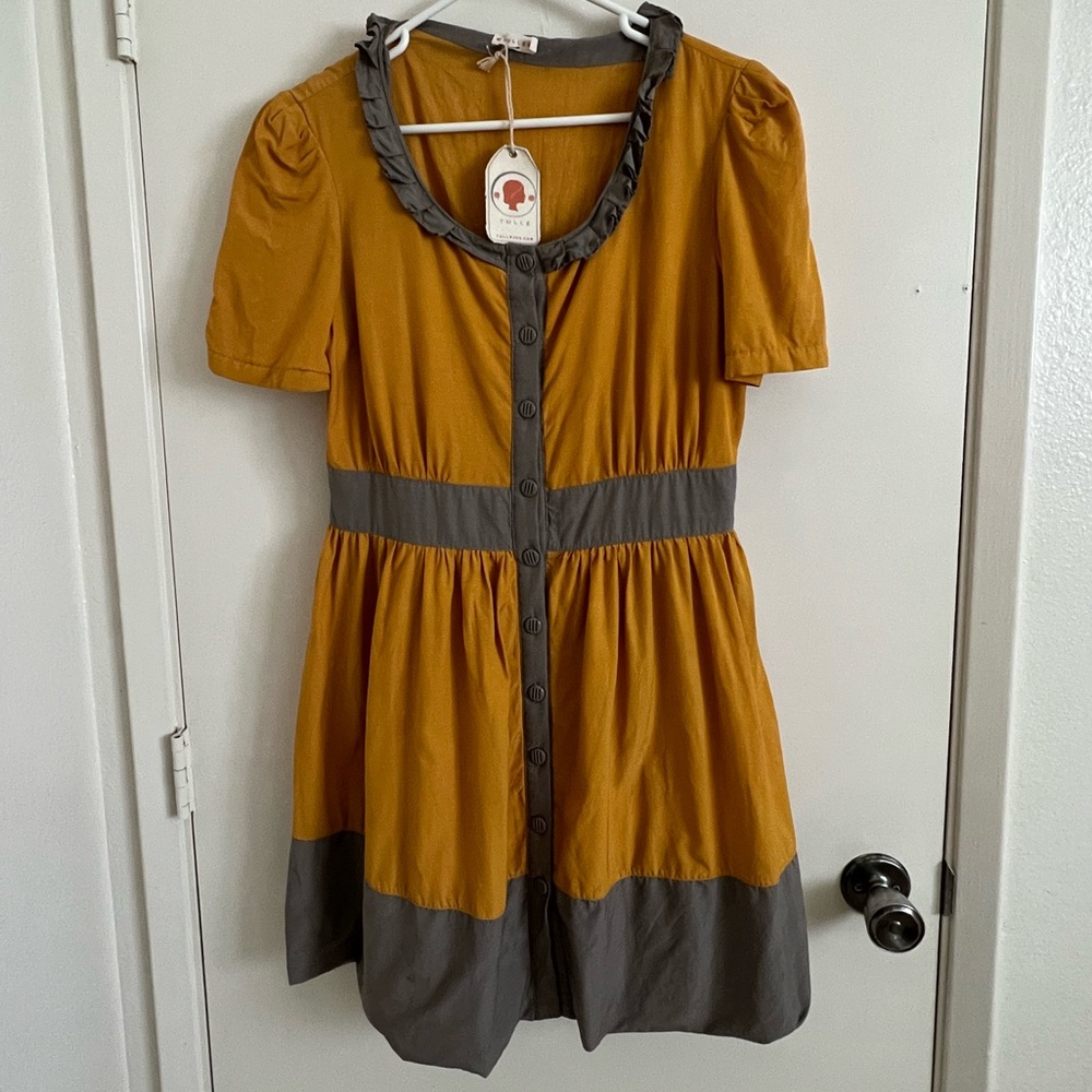 Tulle Golden Marigold Color Block Dress with Gray Trim NWT